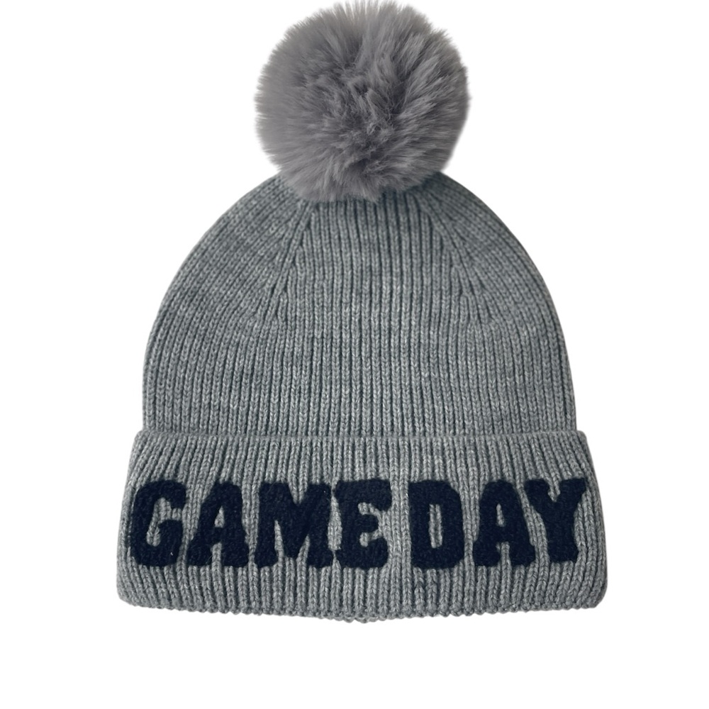Beanie Cap With Pom Pom Grey Black Knit Game Day Football One Size NWT